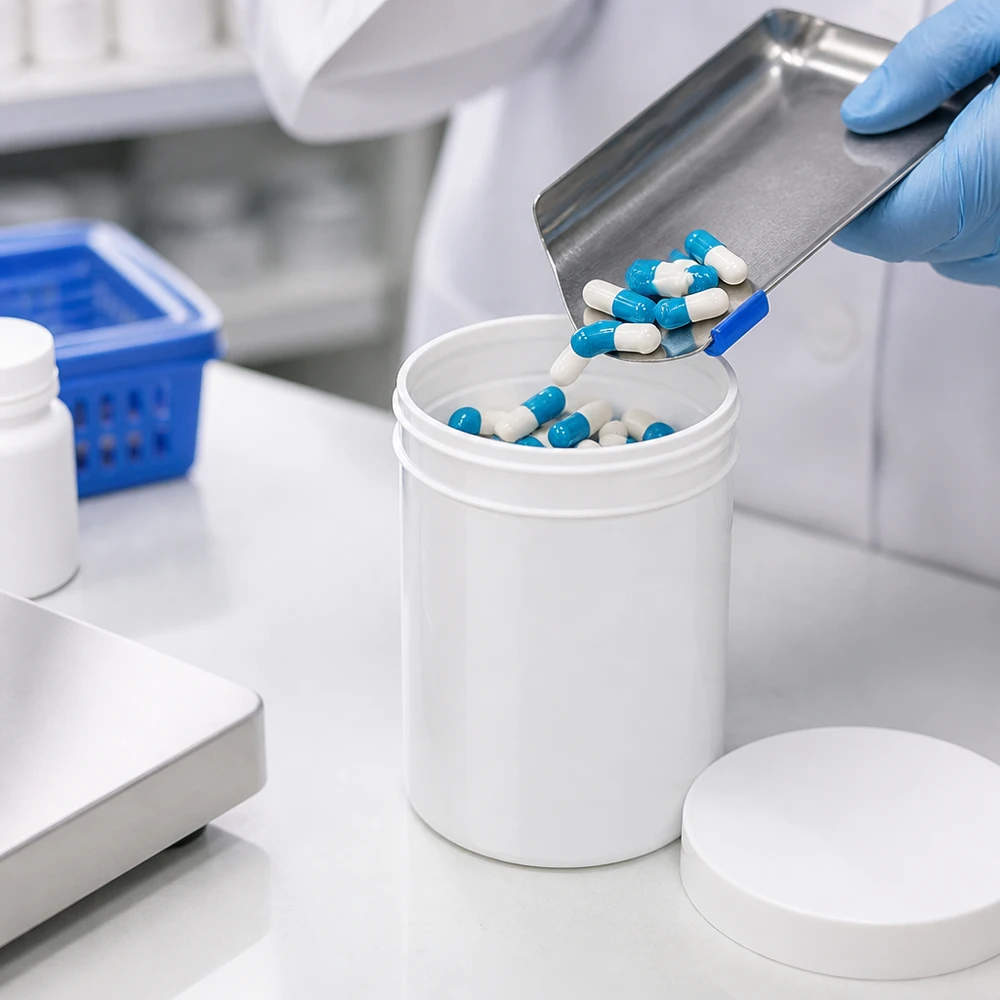 Farmaceutické plnění tobolek do bílých 800g kelímků na masti z PP se šroubovacím víčkem