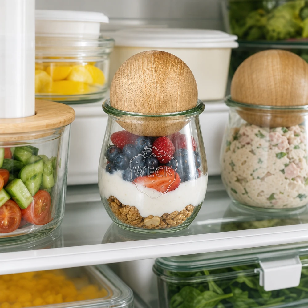 WECK Tulpenglas 220ml im Kühlschrank mit Joghurt-Beeren-Mix, Buchenkugel-Deckel Food Storage Organisation