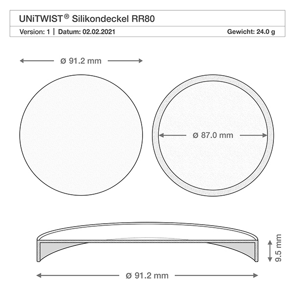 165ml tumblery WECK RR80 se silikonovým víčkem bílé Technische Zeichnung WECK Silikondeckel RR80 mit Maßangaben 91.2mm Durchmesser für 165ml Gourmetglas weiß