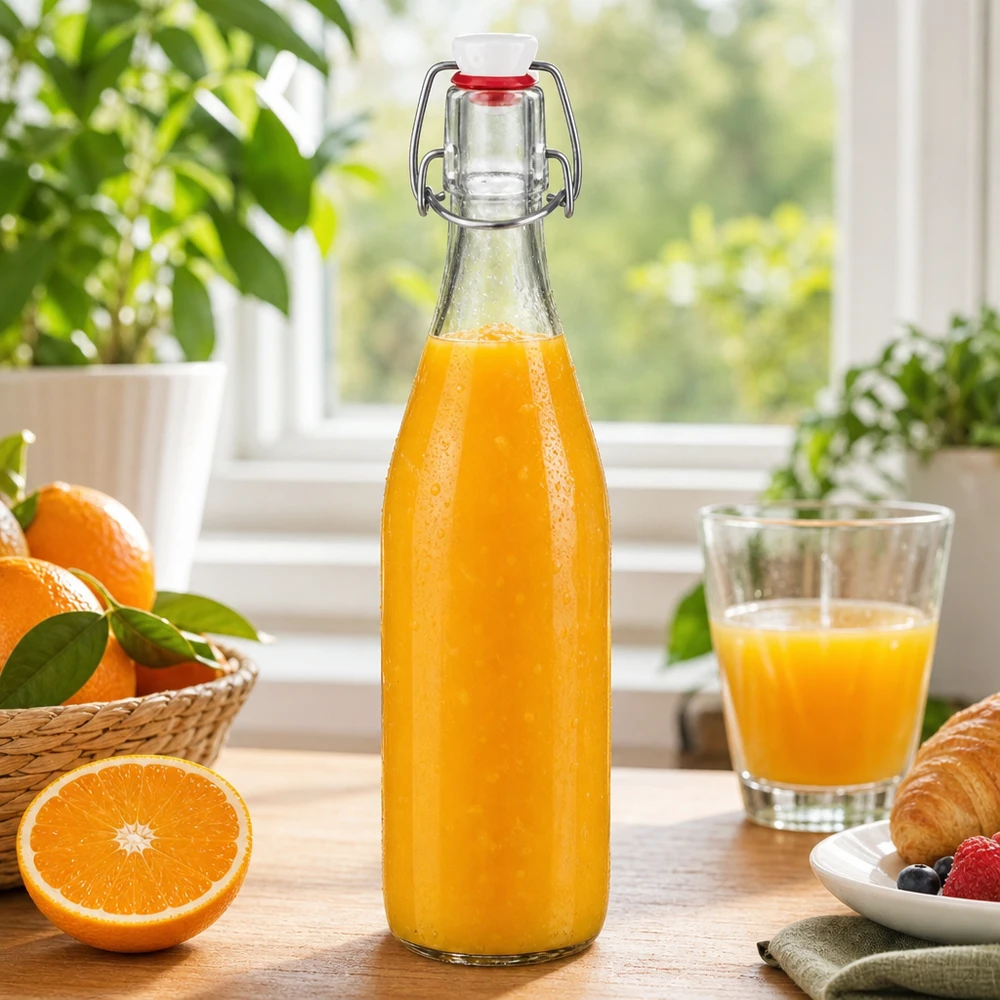 500ml skleněná láhev + otočný vršek PVC UNiTWIST 500ml Glasflasche Bügelverschluss befüllt mit frischem Orangensaft Frühstück gesunde Getränke Vintage Design