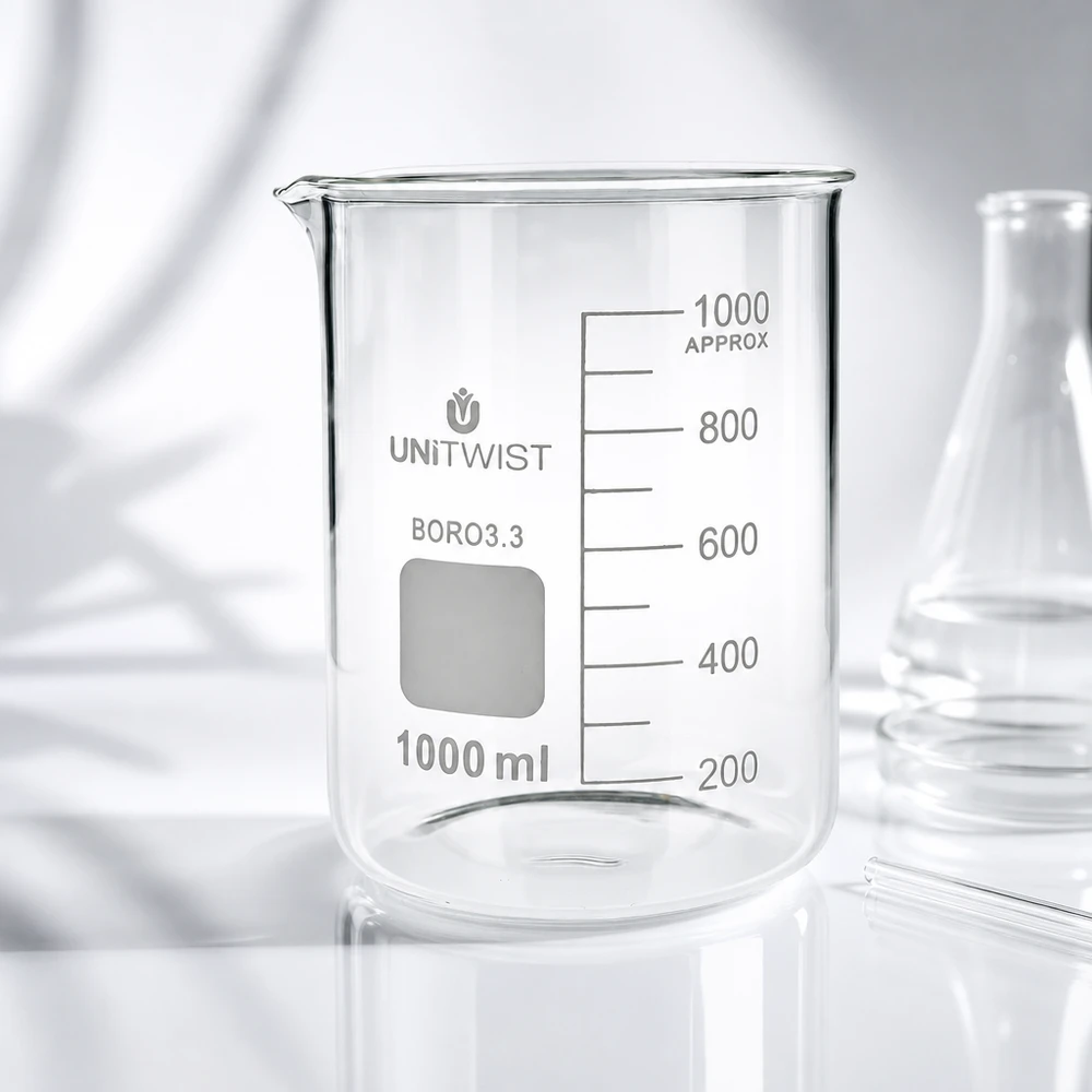 Kádinka 1000 ml borosilikátová, nízká forma UNiTWIST Produktfoto UNiTWIST Becherglas 1000ml Borosilikat niedrige Form mit seitlicher Skala