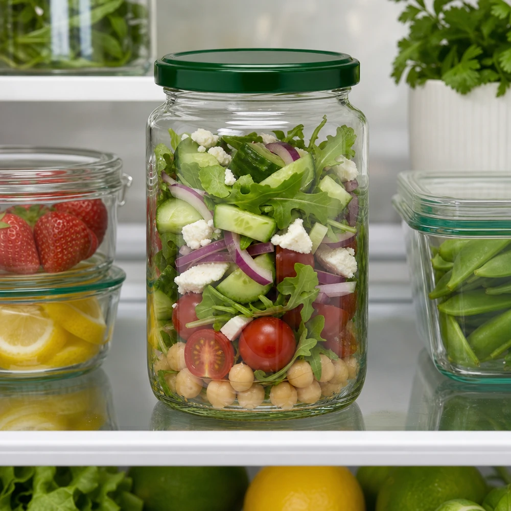 795ml kulatá sklenice + víčko BasicSeal zelené UNiTWIST 795ml UNiTWIST Rundglas mit grünem Deckel gefüllt mit Salat im Kühlschrank - perfekt für Meal Prep und Vorratshaltung