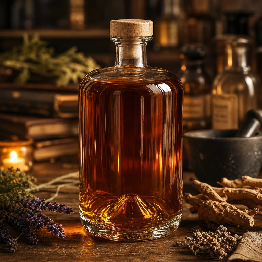 700ml Apothekenflasche "Classic" mit Holzgriffkorken UNiTWIST® Glasflasche Sofia 700ml mit Holzkorken in rustikaler Apotheker-Atmosphäre mit Kräutern und warmem Ambiente