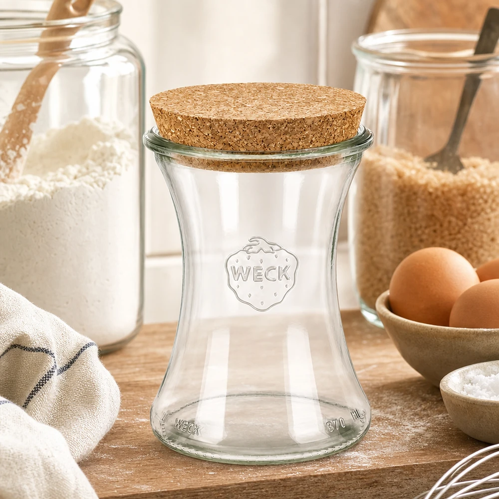 370ml lahůdková dóza WECK RR80 s korkovou zátkou přírodní WECK Vorratsglas 370ml RR80 mit Korkdeckel in rustikaler Küche zwischen Mehlgläsern Eiern und Backzutaten