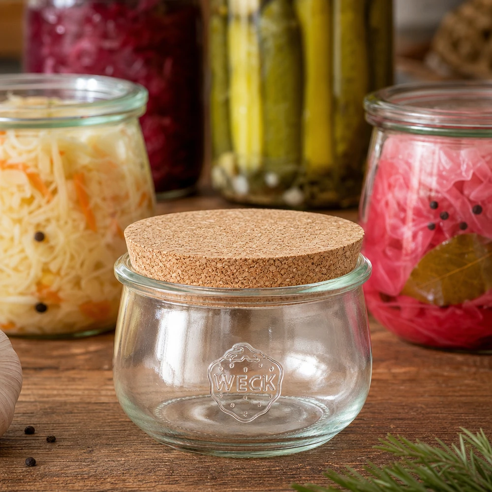 580ml tulipánová sklenice WECK RR100 s korkem přírodní WECK Tulpenglas RR100 580ml mit Naturkorken zwischen fermentierten Gemüse-Gläsern und eingelegten Gurken Dekoration