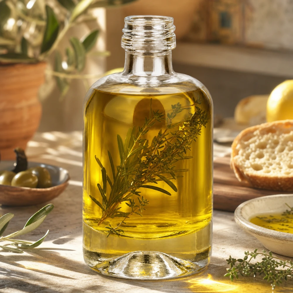 40ml Glasflasche Sara mit Kräuteröl befüllt als Anwendungsbeispiel für Kosmetik und Aromatherapie