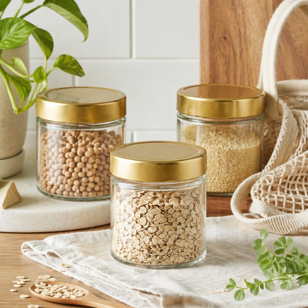 154ml kulatá sklenice s víčkem BasicSeal zlatá hluboká UNiTWIST 154ml Rundglas BasicSeal gold Vorratsdosen Set Haferflocken Kichererbsen Quinoa nachhaltige Küchen Aufbewahrung
