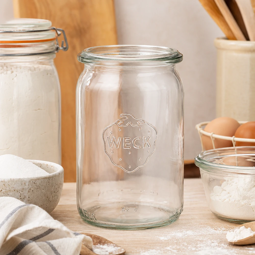 145ml válcová sklenice WECK RR40 s dřevěným dřívkem. WECK RR40 Zylinderglas 145ml in moderner Küche zwischen Vorratsgläsern mit Mehl und Eiern atmosphärisch inszeniert