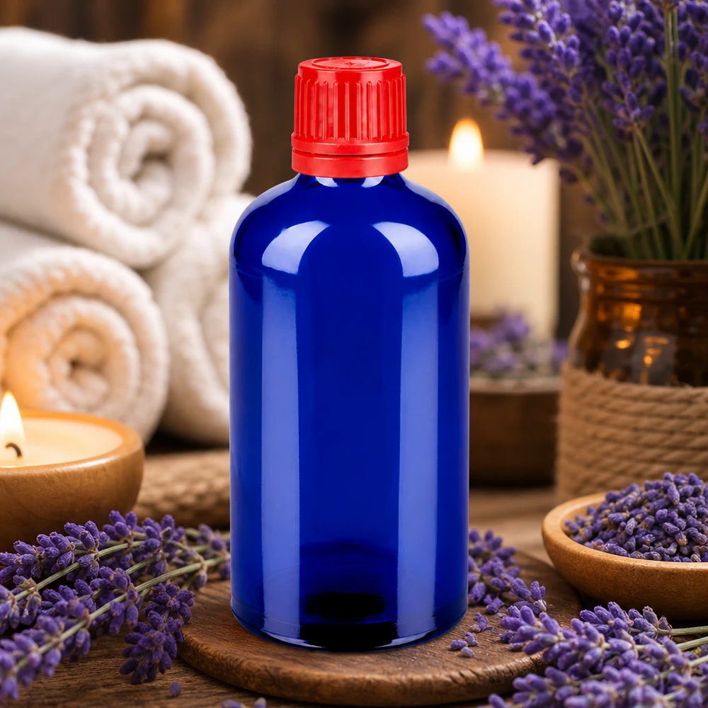 100ml BlueLine Flasche mit rotem 11mm Verschluss für sichere Lagerung von Tinkturen