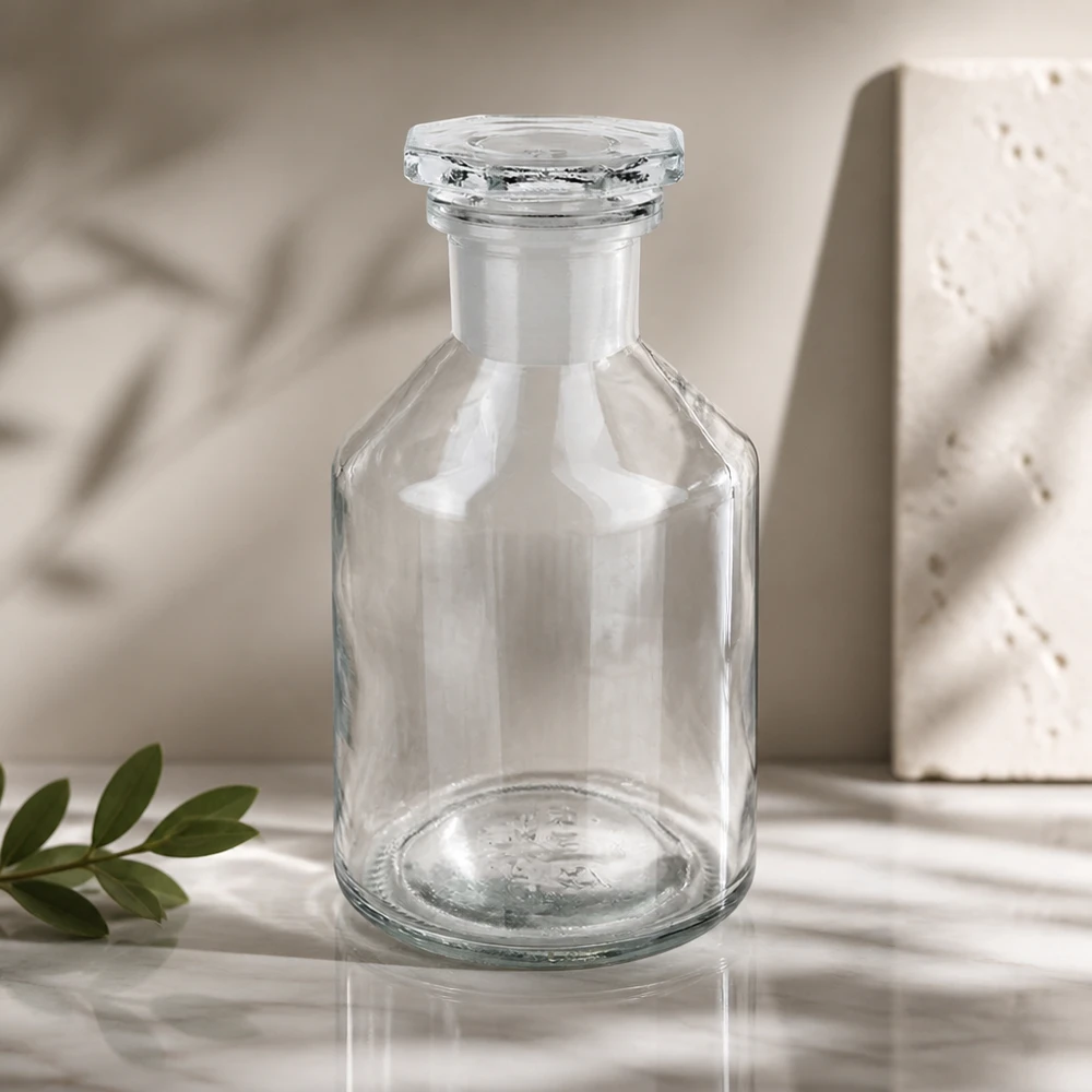 Láhev se strmým hrdlem 50ml čirá skleněná zátka s úzkým hrdlem Hochwertige Steilbrustflasche 50ml Enghals Borosilikatglas mit Glasstopfen klar