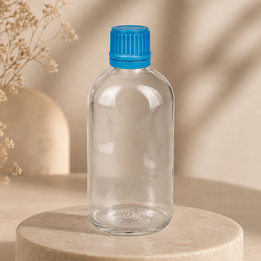 100ml láhev 11mm šroubovací uzávěr modrý tamper-evidentní uzávěr ClearLine UT18/100 Minimalistische 100ml ClearLine Flasche UT18 mit blauem OV Verschluss im Lifestyle-Setting
