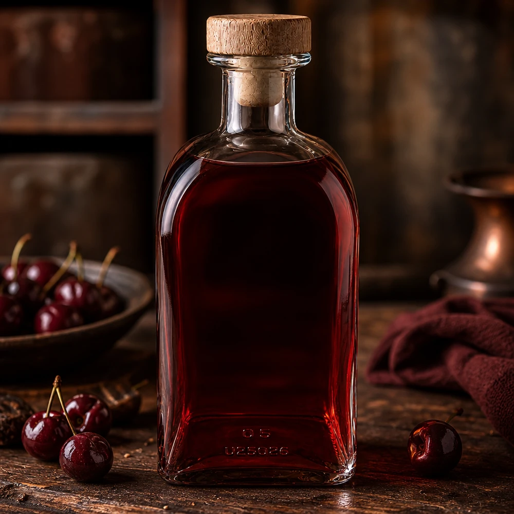 500ml Glasflasche "Julia" mit Holzgriff-Korken UNiTWIST 500ml Glasflasche Julia mit Korken gefüllt mit roter Kirschlikör auf rustikalem Holz mit frischen Kirschen
