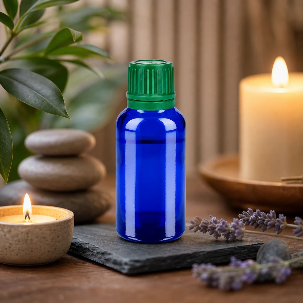 30ml OV-Flasche aus lichtschützendem Blauglas mit grünem Verschluss für Laborqualität