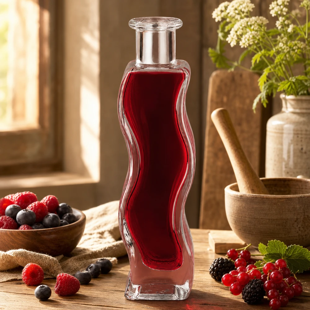 100ml Glasflasche "Melissa" ohne Verschluss UNiTWIST Glasflasche Melissa 100ml mit rotem Beerensaft in natürlicher Küche umgeben von frischen Beeren und Holzschalen