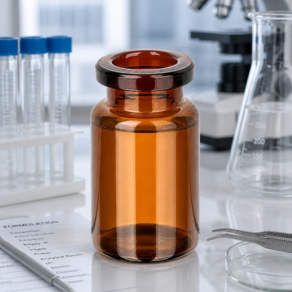 Injekční láhev z jantarového skla 5ml Leere Injektionsflasche Braunglas 5ml neben Erlenmeyerkolben und Formulation Sheet