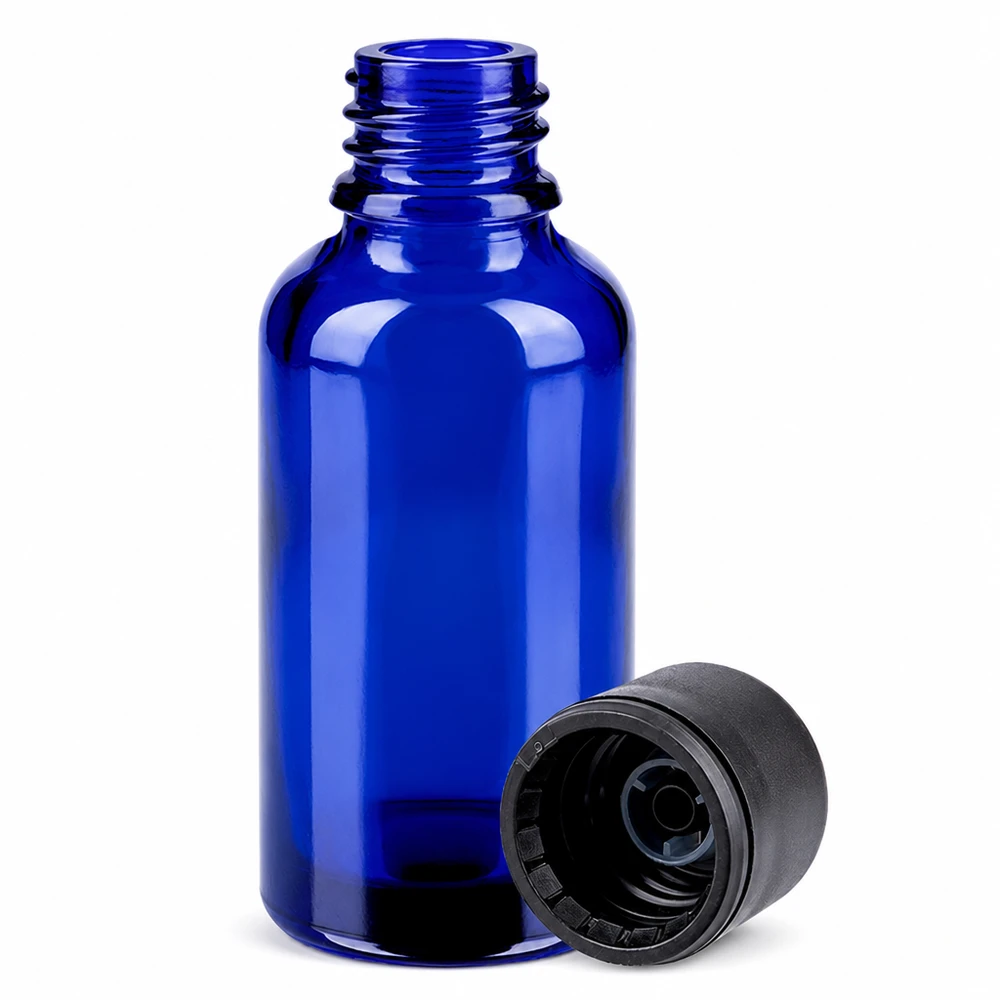 30ml láhev se 6mm šroubovacím uzávěrem černá Standard BlueLine UT18/30 Elegante blaue 30ml Glasflasche mit mattem schwarzen Verschluss für professionelle Kosmetik
