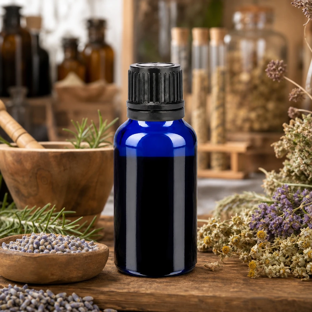 20ml lahvička 11mm šroubovací uzávěr černý s tamperem BlueLine UT18/20 20ml Blauglas Aromaflasche mit ergonomischem schwarzem Schraubverschluss für einfache Handhabung