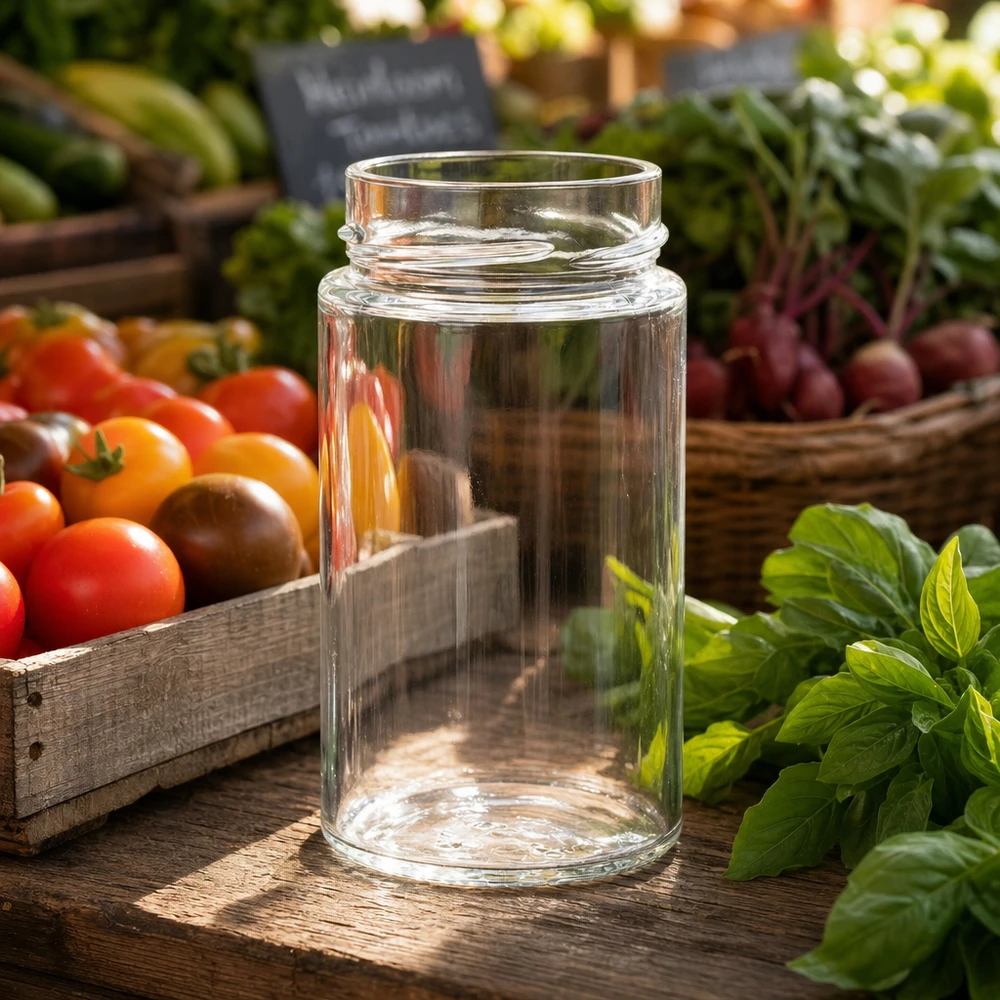 Kulatá sklenice o objemu 245 ml bez víčka (TO58deep) UNiTWIST UNiTWIST Runda245 Rundglas 245ml TO58deep Einmachglas transparent auf Holztisch mit frischen Tomaten und Kräutern