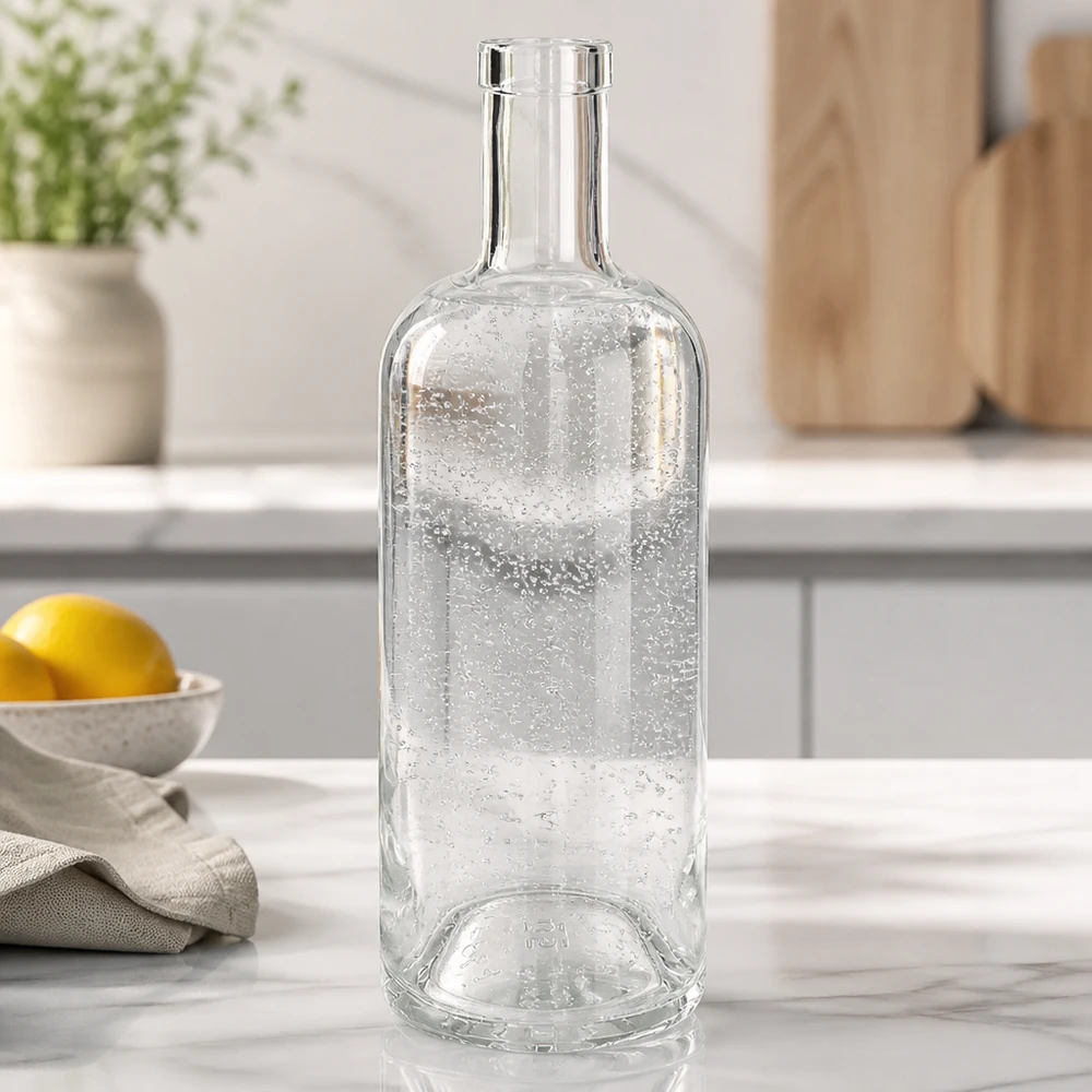 750ml Glasflasche Emma leer in weißer Küche auf Marmorplatte mit Zitrone und Geschirrtuch als Dekoration