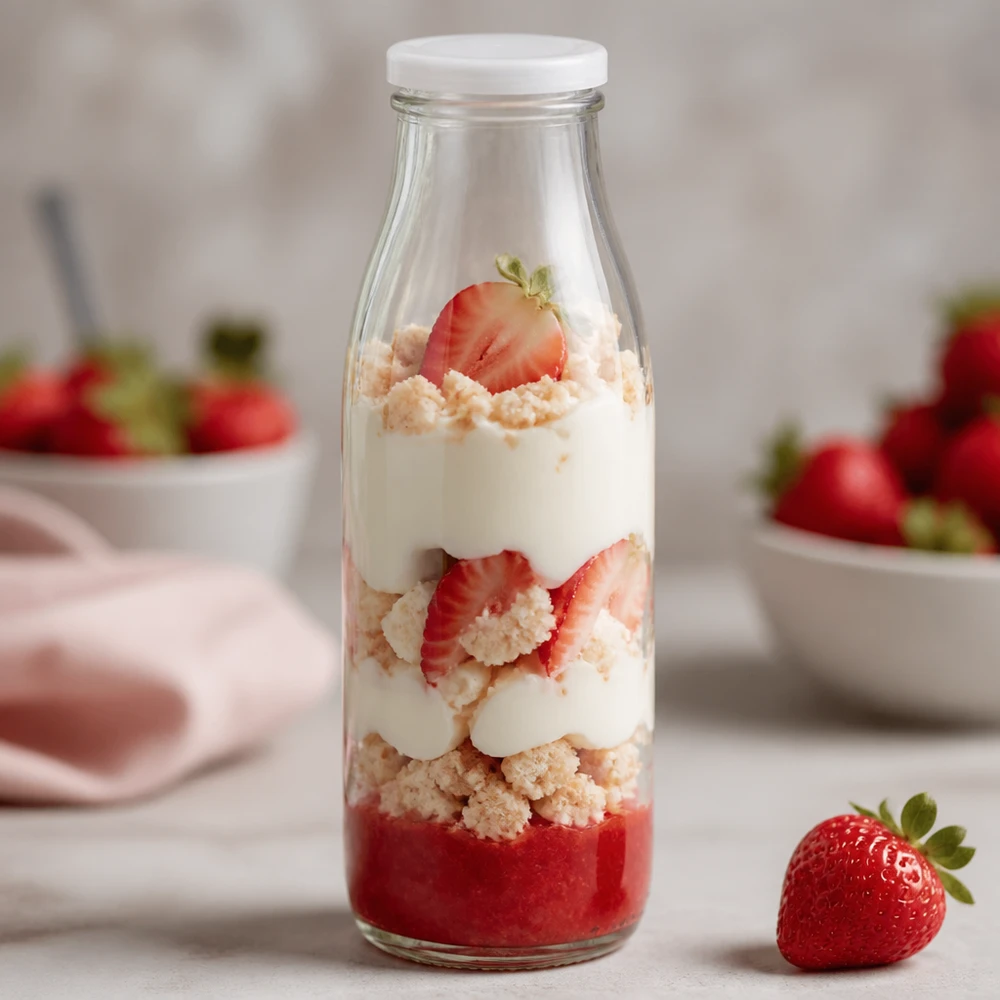 500ml skleněná láhev + víčko BasicSeal bílé UNiTWIST 500ml Glasflasche mit weißem BasicSeal Deckel als Dessertglas mit Erdbeeren Sahne und Streuseln befüllt