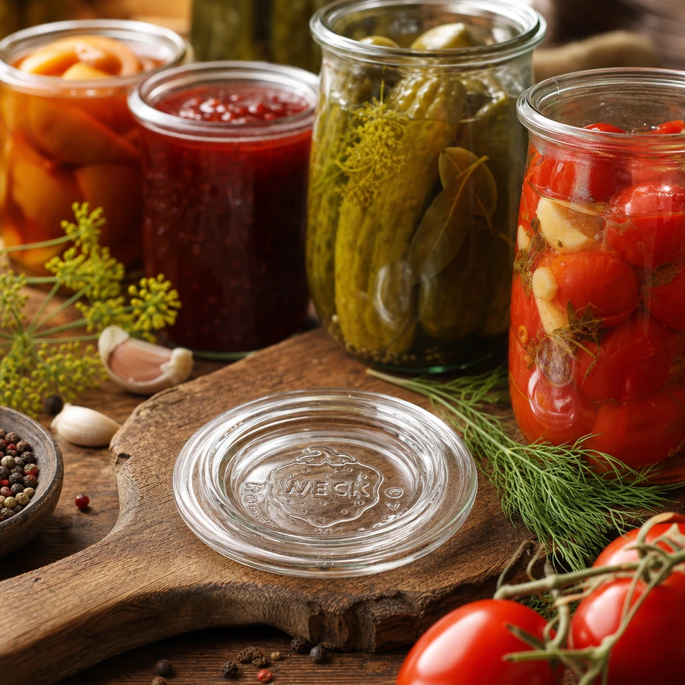 WECK Glasdeckel RR40 in Küchenszenerie mit eingekochten Gurken Tomaten und Marmelade in Einmachgläsern