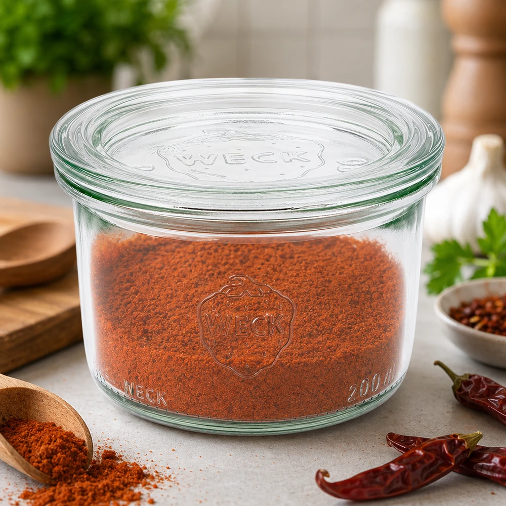 WECK Sturzglas 200ml RR80 gefüllt mit Paprikapulver zeigt optimale Gewürzaufbewahrung neben Chilischoten