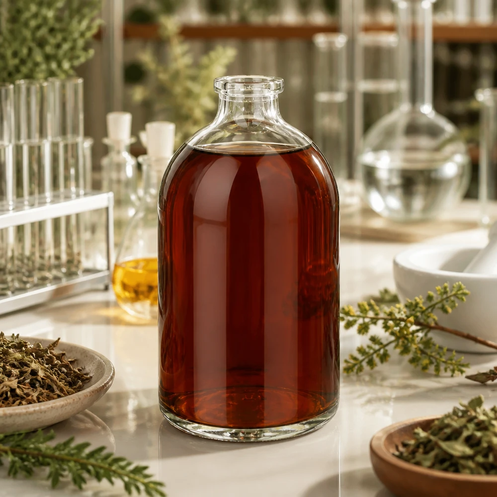 Injekční láhev z čirého skla 100ml Kleine Klarglas Injektionsflasche 100ml mit dunklem Kräuterauszug zwischen Reagenzgläsern und Schalen