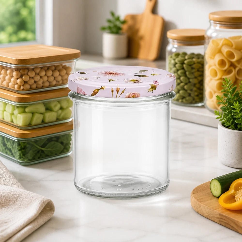 350ml sklenice + víčko BasicSeal flower pink UNiTWIST Leeres 350ml Sturzglas mit rosa Blumendeckel zwischen Vorratsbehältern auf Küchenarbeitsplatte Einmachglas leer