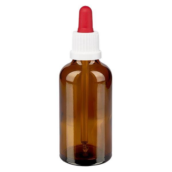 Lékárenská láhev hnědá 50ml s pipetou bílá/červená uzávěr s pojistkou proti manipulaci Lékárenská láhev hnědá 50ml s pipetou bílá/červená uzávěr s pojistkou proti manipulaci
