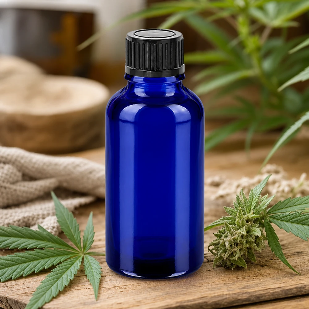 Handliche 30ml Braunglas Alternative in Blau mit Tropfeinsatz für mobile Aromatherapie