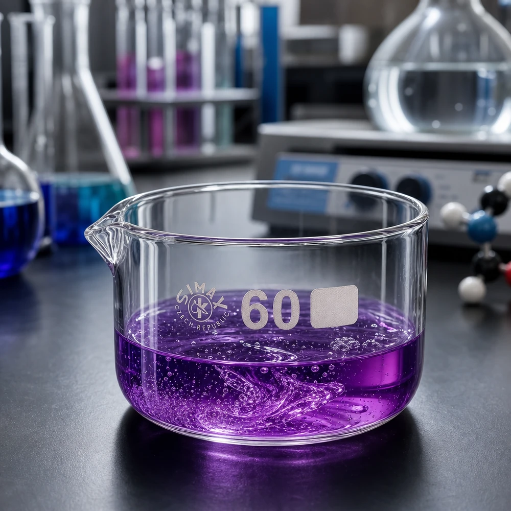 60ml krystalizační miska s borosilikátovou výlevkou ø60mm Kristallisierschale 60ml Durchmesser 60mm violette Lösung aktive Reaktion Laborumgebung Glasschale