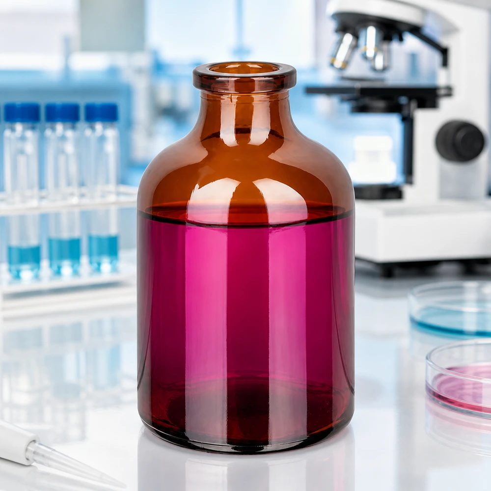 Injekční lahvička z jantarového skla 50ml Braunglas Injektionsflasche 50ml mit breitem Zylinderkörper und eingezogenem Hals im Labor
