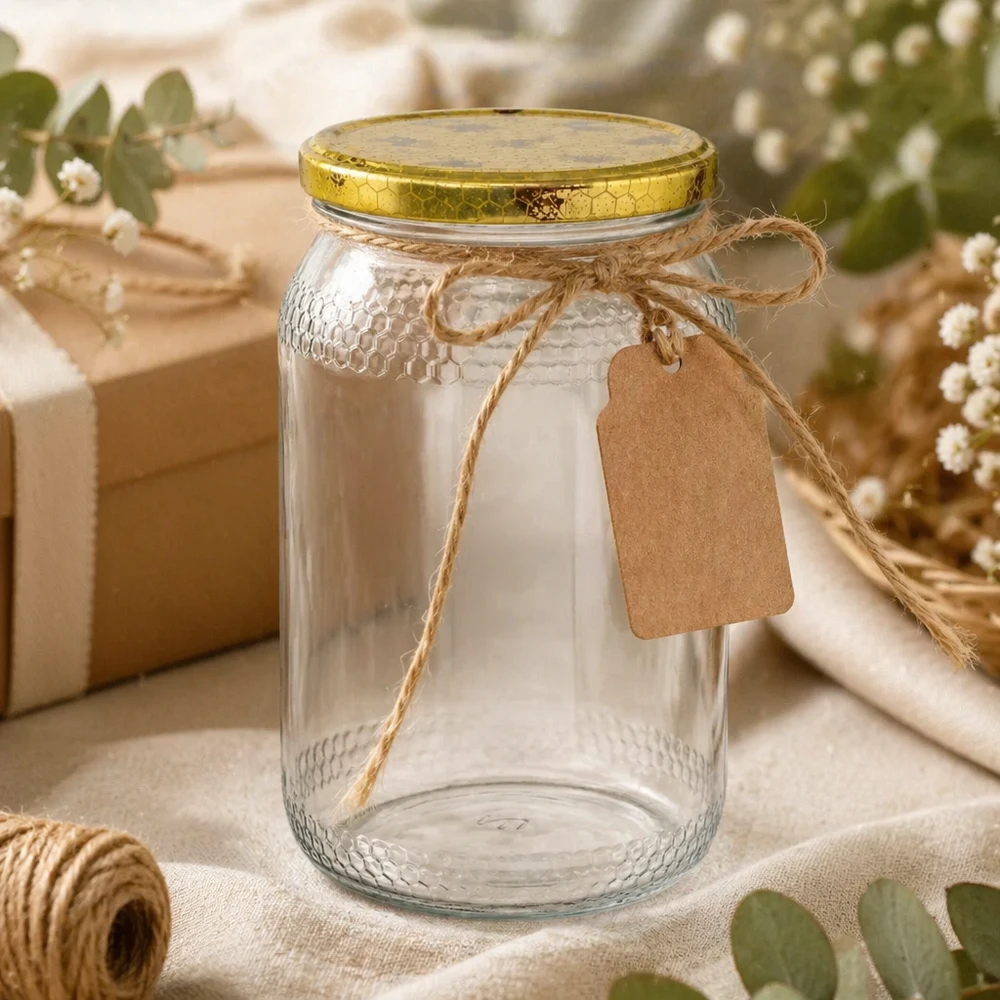 900ml Honigglas leer mit Kraftpapier-Anhänger und Juteschnur als Geschenkverpackung rustikale Dekoration