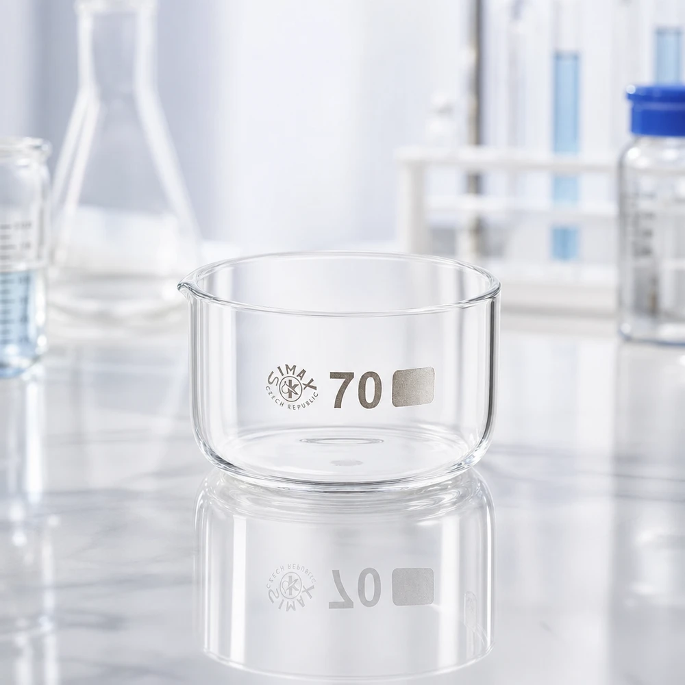 100ml krystalizační miska bez výlevky borosilikátová ø70mm Kristallisierschale ohne Ausguss 70mm Durchmesser vor Labor-Hintergrund mit Erlenmeyerkolben