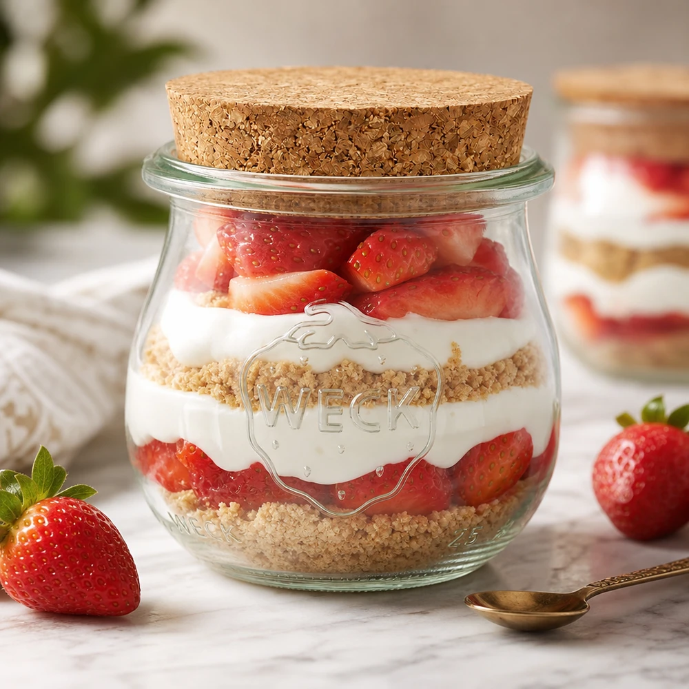 WECK Tulpenglas 75ml RR40 als Dessertglas mit Erdbeeren und Sahne geschichtet Korkverschluss Nachtisch im Glas