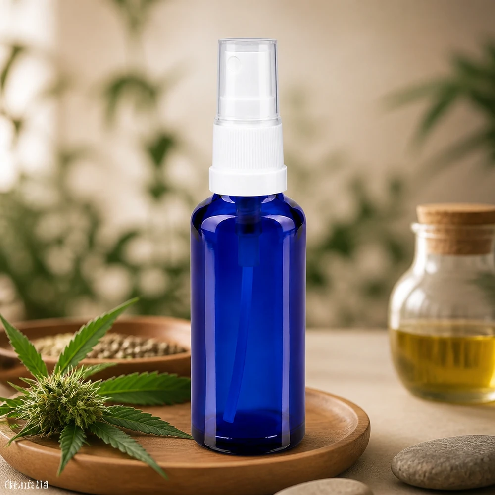 Lékárenská lahvička modrá 30ml s rozprašovačem bílá Blaue 30ml Pumpsprayflasche ApoGlas neben Hanfblättern Glasgefäß mit Korken und Steinen