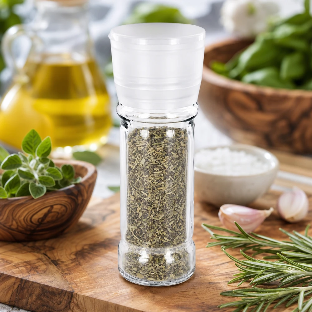 Zylindrisches Gewürzglas 100ml mit Vario Mühle weiß gefüllt mit getrockneten Kräutermischungen