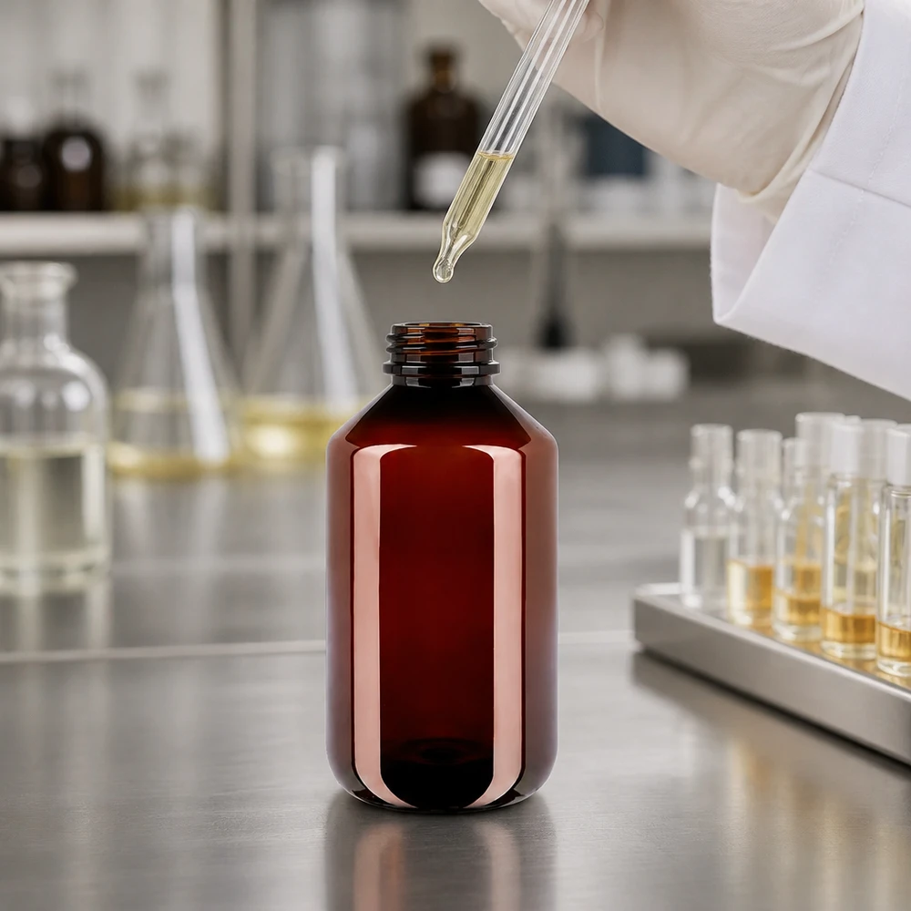 Farmaceutická láhev o objemu 500 ml z hnědého PET s bílým vnějším obalem pro látky citlivé na světlo v laboratoři