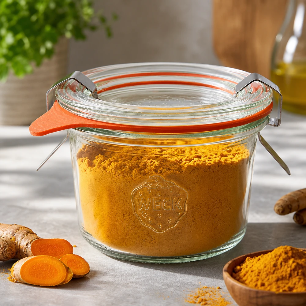 Kompletní 80ml sklenice se svěžestí WECK RR60 WECK Sturzglas 80ml RR60 mit Kurkumapulver befüllt zeigt luftdichte Lagerung von Gewürzen und Pulvern
