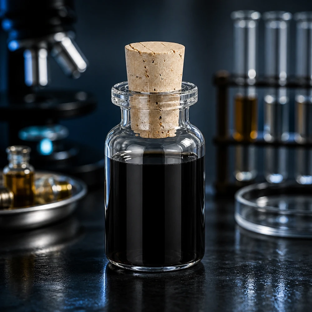 Láhev z bezbarvého skla 10ml se zátkou 11/14mm. Versiegelte Klarglas-Flasche 10ml mit Korkstopfen 11/14mm neben Petrischale und Reagenzgläsern