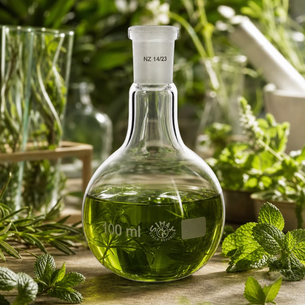 Baňka na kyčelní kloub 100 ml se standardním broušeným kloubem (14/23) Stehkolben Glas 100ml Füllvolumen mit 14/23 Schliff für Aromastoff-Destillation