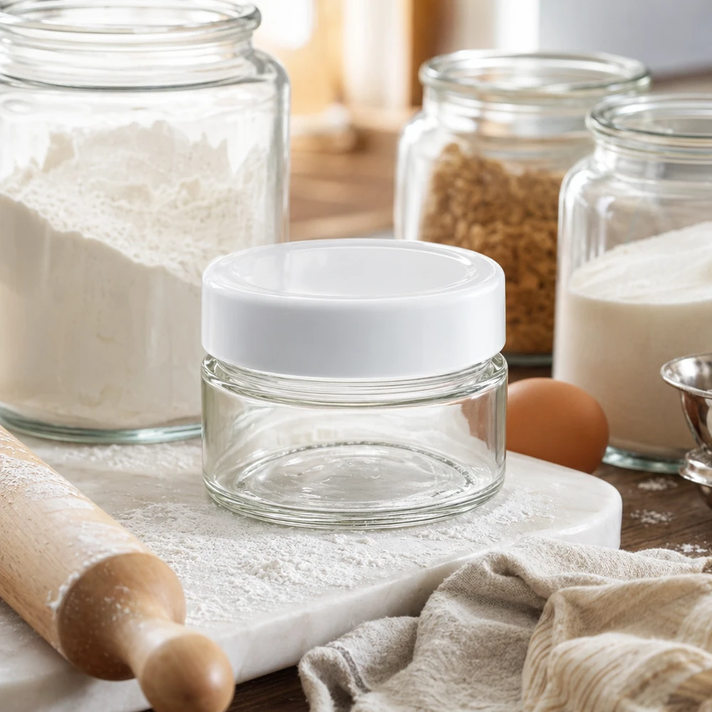 80ml kulatá sklenice s víčkem BasicSeal bílá hluboká UNiTWIST 80ml Rundglas mit BasicSeal Deckel in Küche mit Backzutaten - vielseitiger Glascontainer für Lebensmittel