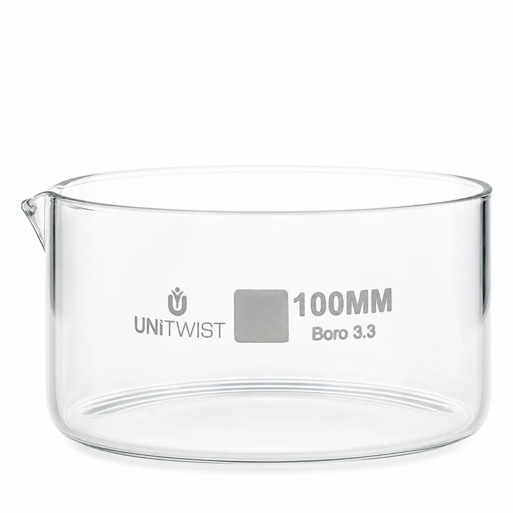 Krystalizační miska ø100mm z borosilikátového skla UNiTWIST Laborschale 100mm Boro 3.3 Glas UNiTWIST niedrige Bauform klares Borosilikatglas Kristallisation