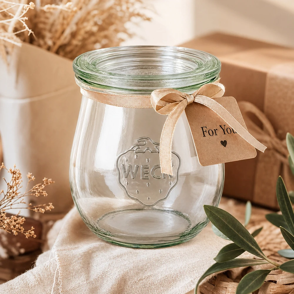 WECK Tulpenglas 220ml RR60 als Geschenk dekoriert mit beiger Schleife und For You Anhänger in natürlichem Ambiente