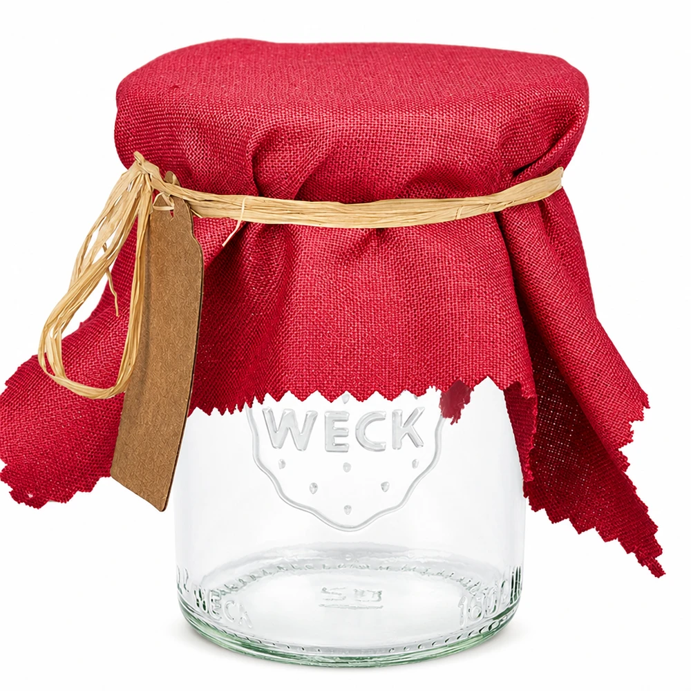 Bordeauxrotes eckiges Stoff Schmuckdeckchen 15cm auf WECK Einmachglas mit Gummiring und Holzschild