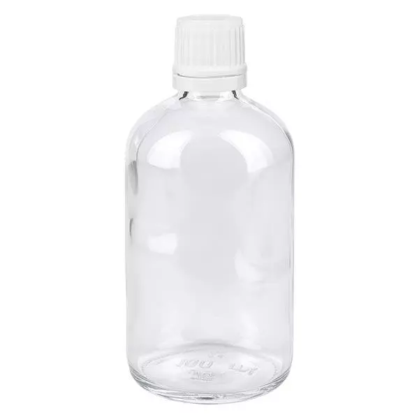 Lékárenská lahvička čirá 100ml kapátko s uzávěrem 1,2mm bílé s ochranným uzávěrem proti neoprávněné manipulaci.