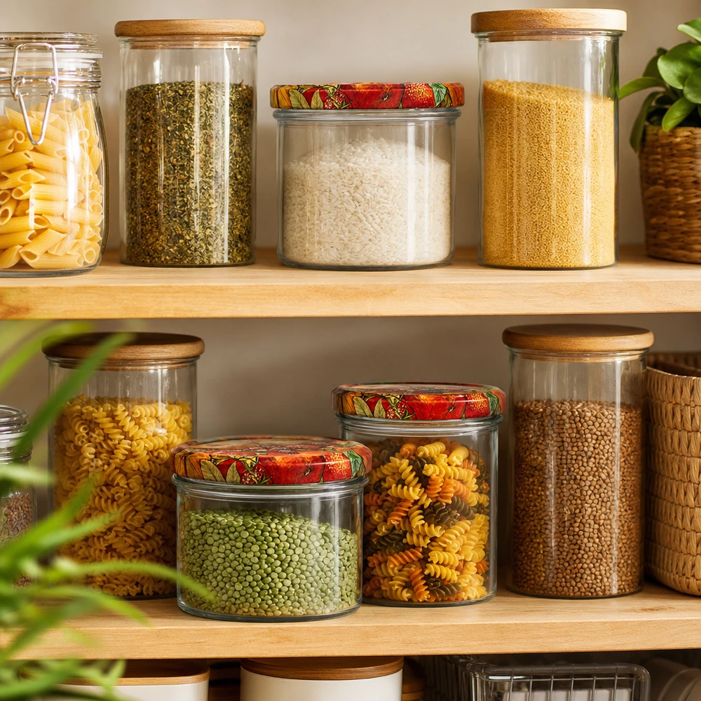 225ml kelímky + víčko BasicSeal s dekorem ovoce UNiTWIST Organisierte Vorratshaltung mit 225ml Sturzgläsern Obst-Dekor, gefüllt mit Pasta, Reis und Hülsenfrüchten im Regal