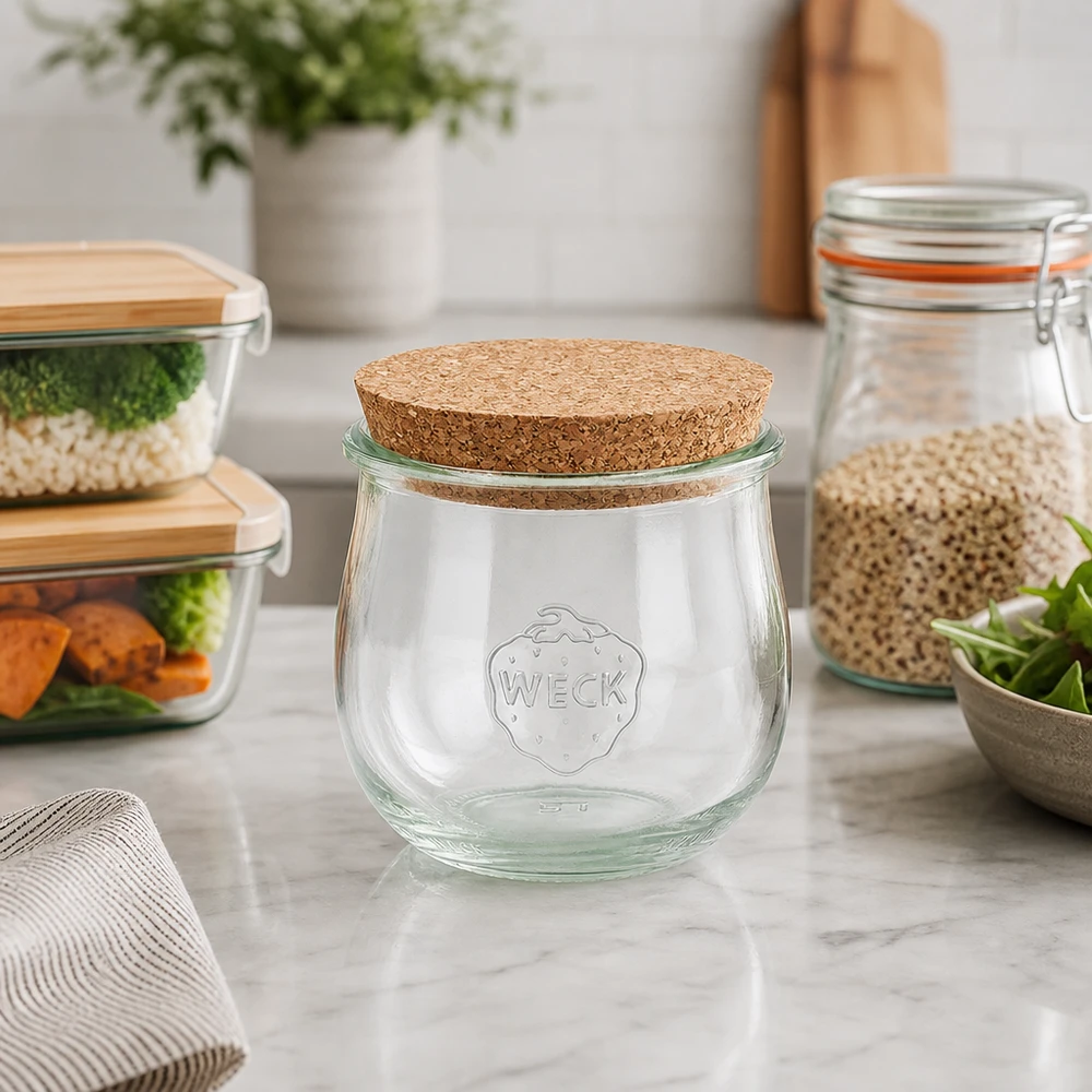 370ml tulipánová zavařovací sklenice WECK RR80 s korkem přírodní WECK Tulpenglas 370ml RR80 Korkdeckel in moderner Küche neben Vorratsdosen und Meal Prep Behältern auf Marmor