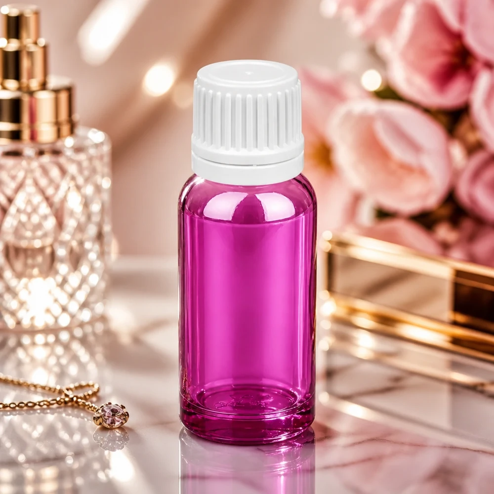 20ml láhev se šroubovacím uzávěrem 11 mm bílá Originality šroubovací uzávěr PurpleLine UT18/20 Stilvolle 20ml Sammelflasche aus violettem Glas mit weißem Verschluss für Duftöle
