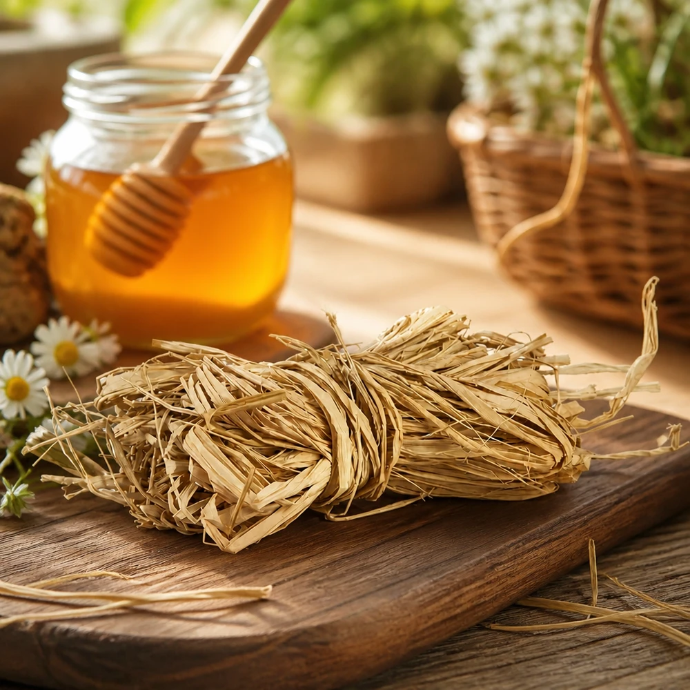 Naturbast 30g auf Holzbrett mit Honig und Blumen rustikale Deko für natürliche Bastelprojekte und Geschenkverpackung